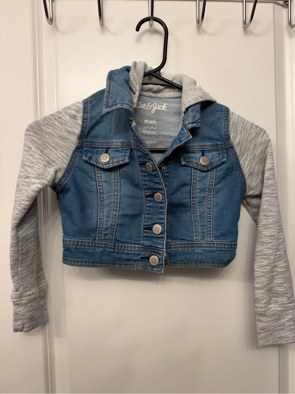Cat & Jack Girls' Cat Ears Denim Jacket with Gray Sleeves size 4/5